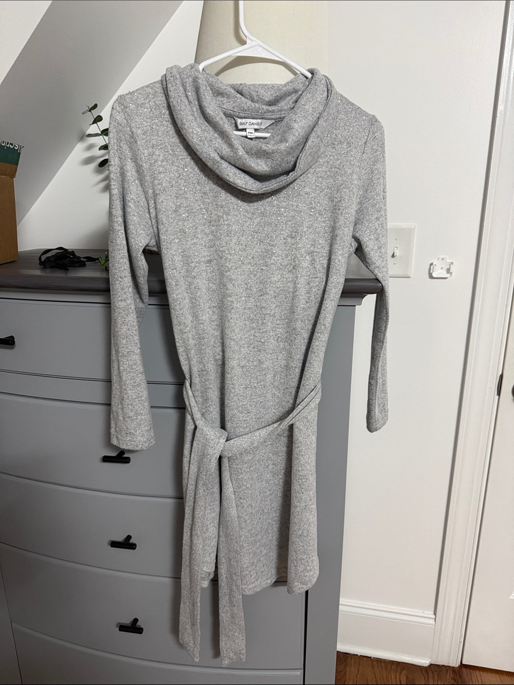 Emily Daniels Gray Sparkle Cowl Neck Tunic Dress - Size Petite Medium (PM)